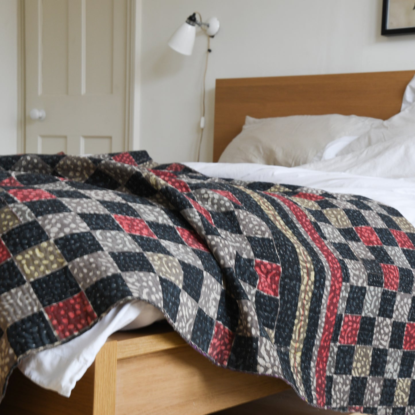 reversible vintage blockprint kantha quilt | checkerboard