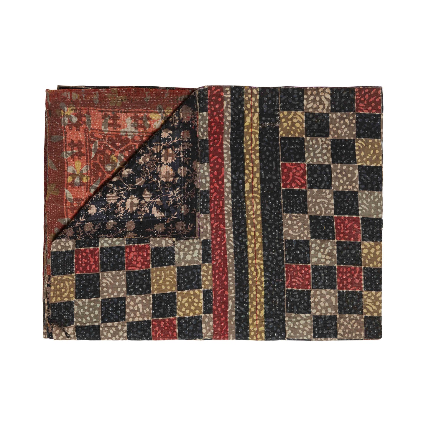 reversible vintage blockprint kantha quilt | checkerboard