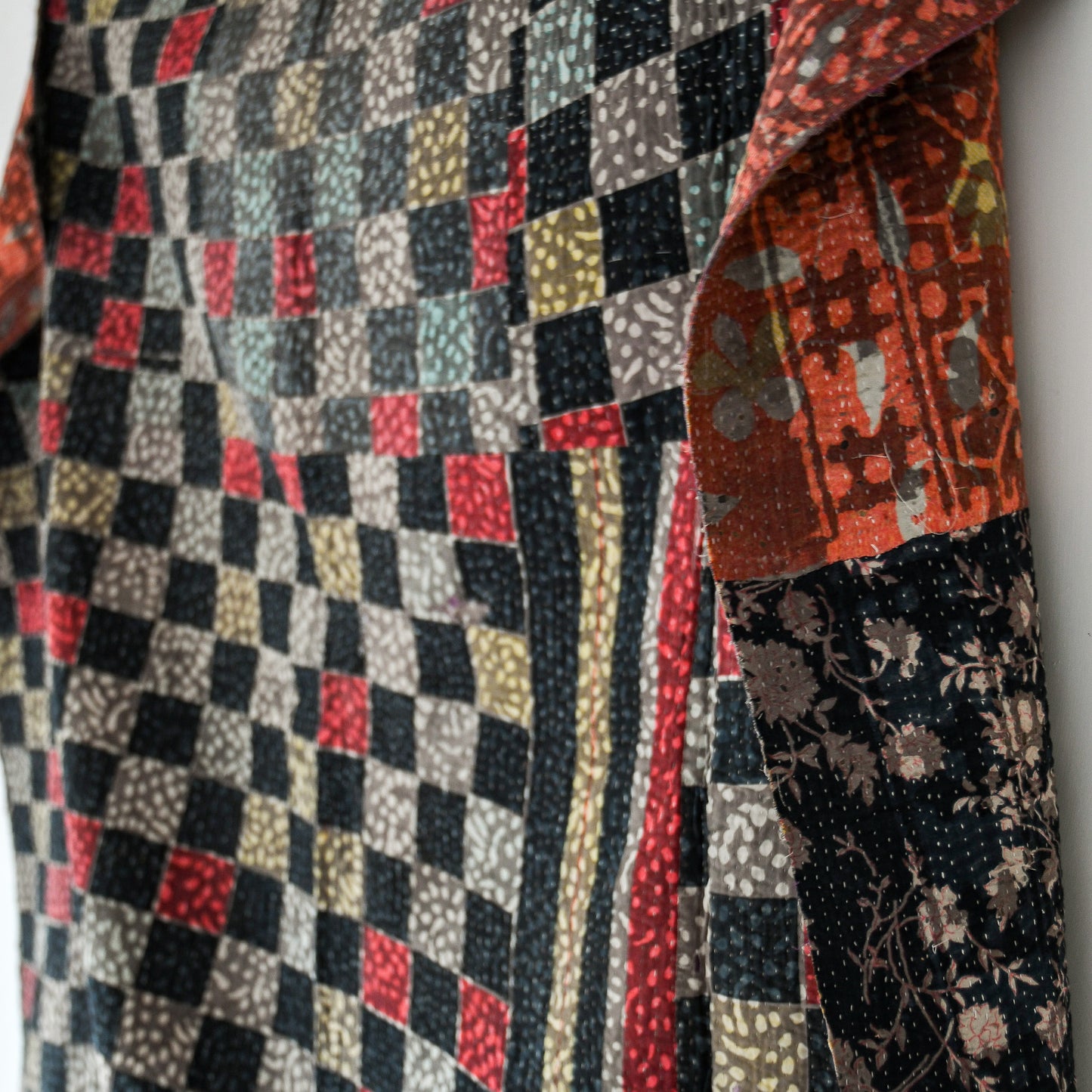 reversible vintage blockprint kantha quilt | checkerboard