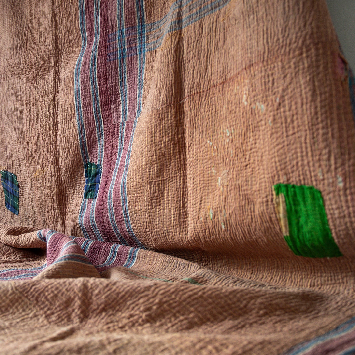 reversible vintage kantha throw | blue pyjama stripe