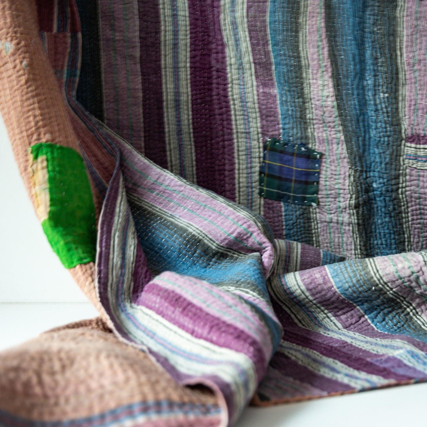 reversible vintage kantha throw | blue pyjama stripe