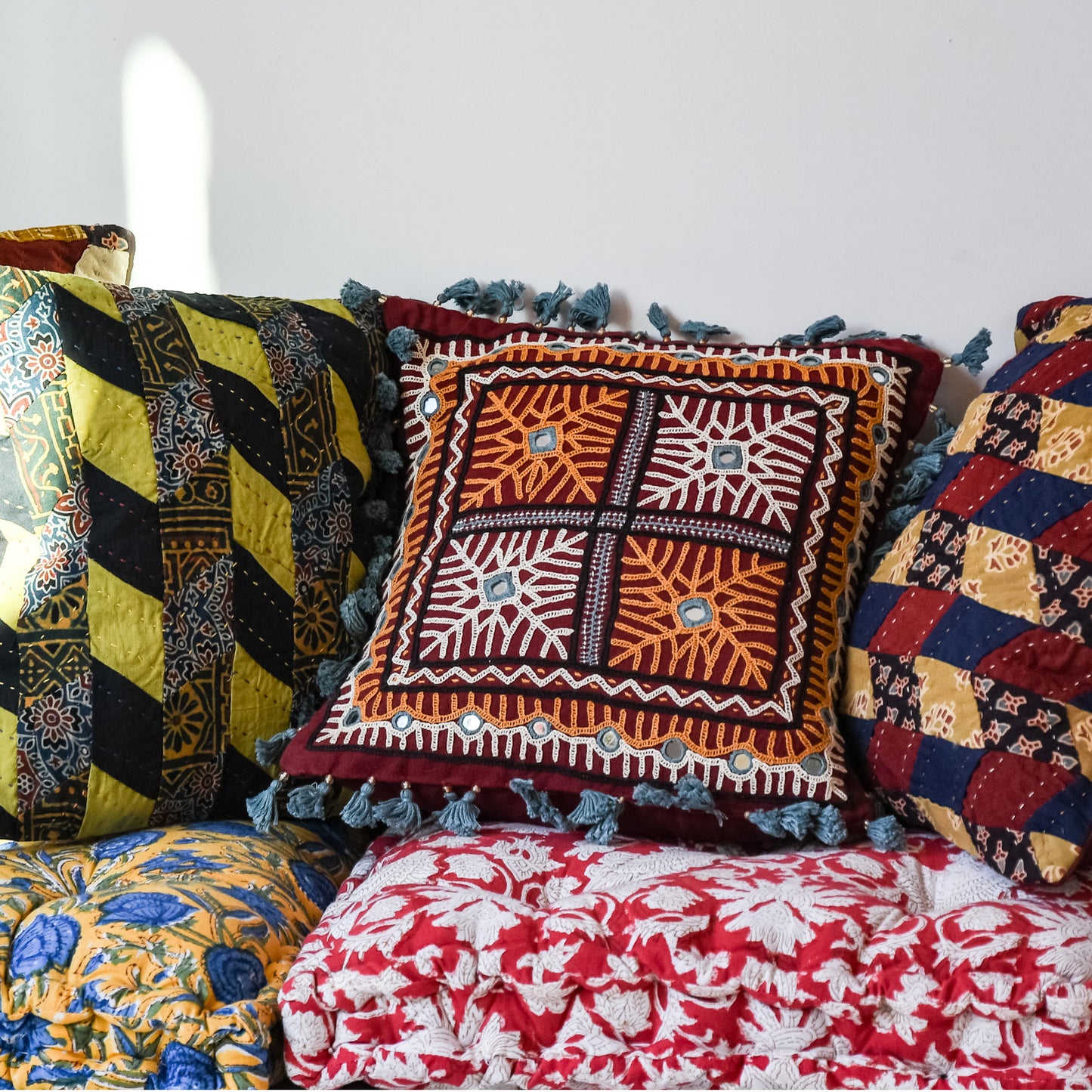 mini tassle mirrorwork cushion cover