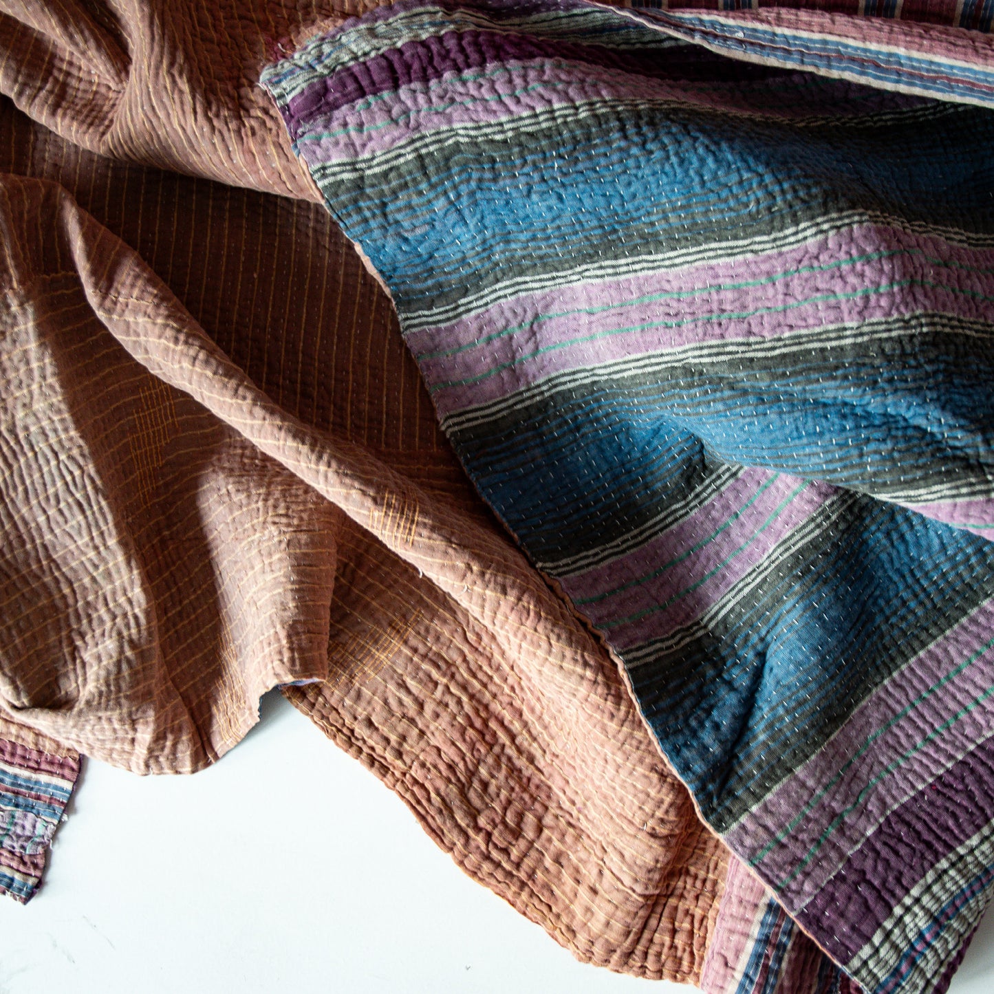 reversible vintage kantha throw | blue pyjama stripe