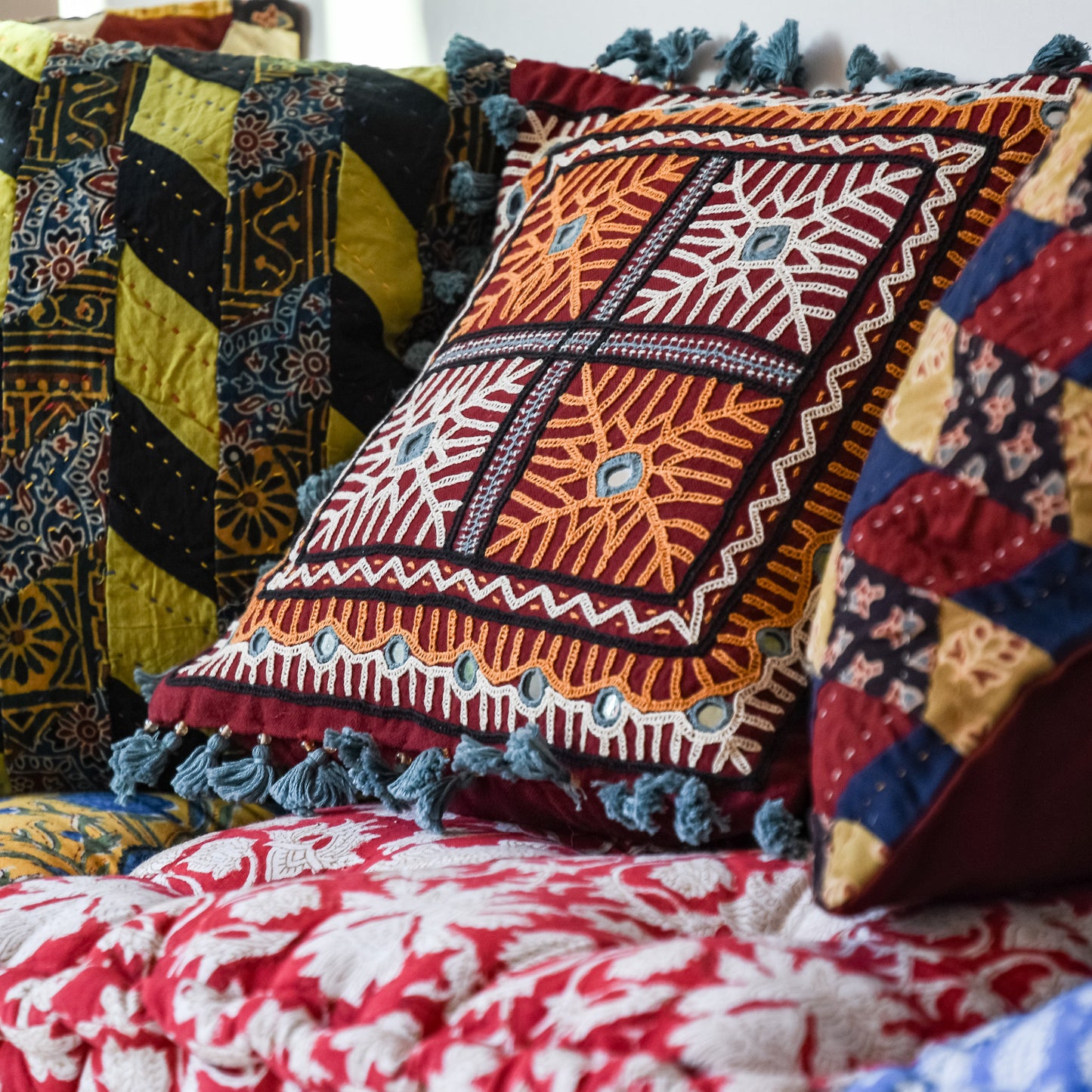 mini tassle mirrorwork cushion cover