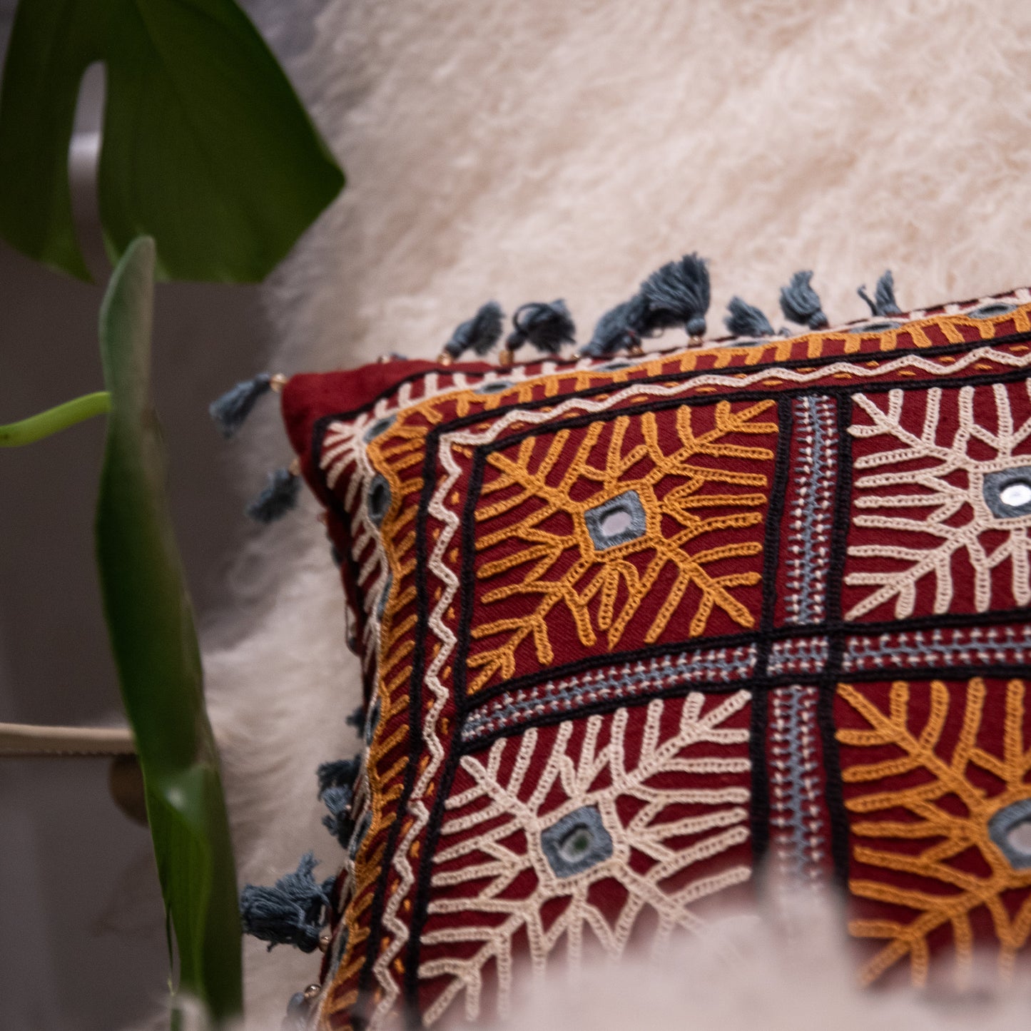 mini tassle mirrorwork cushion cover