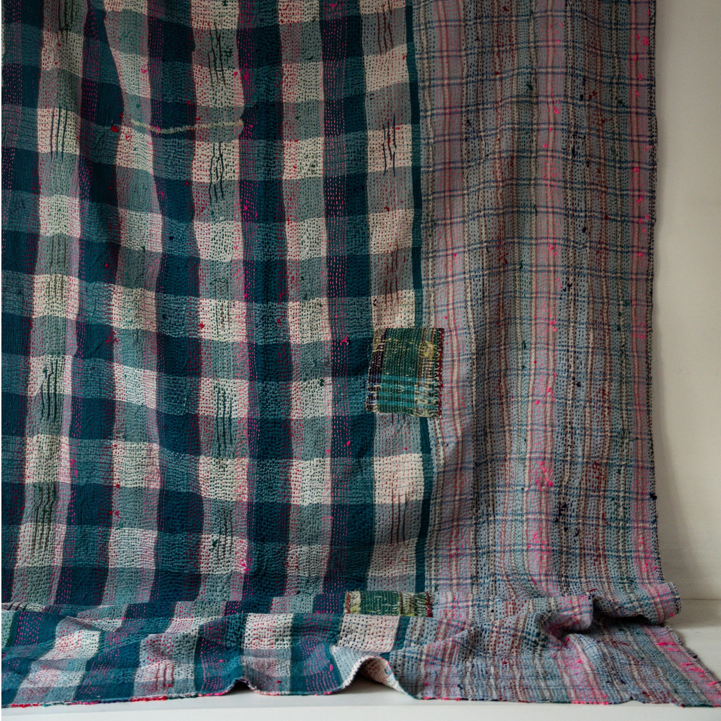 reversible vintage kantha throw | blue/pink