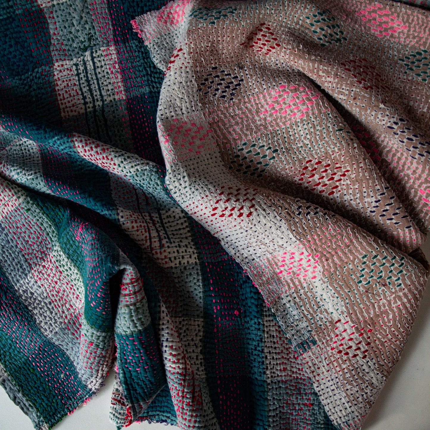 reversible vintage kantha throw | blue/pink