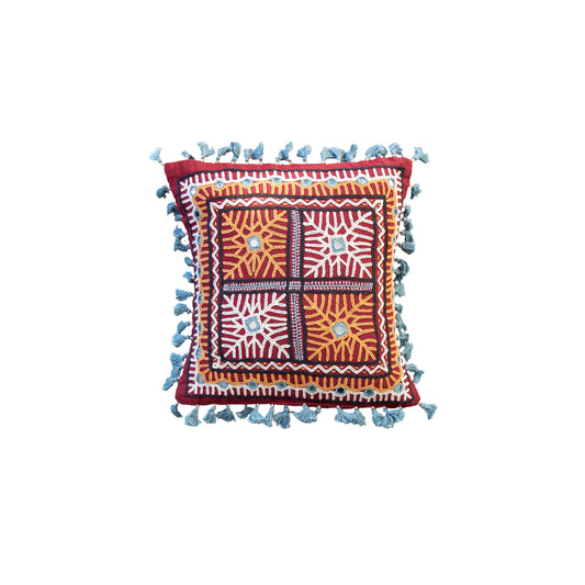 mini tassle mirrorwork cushion cover